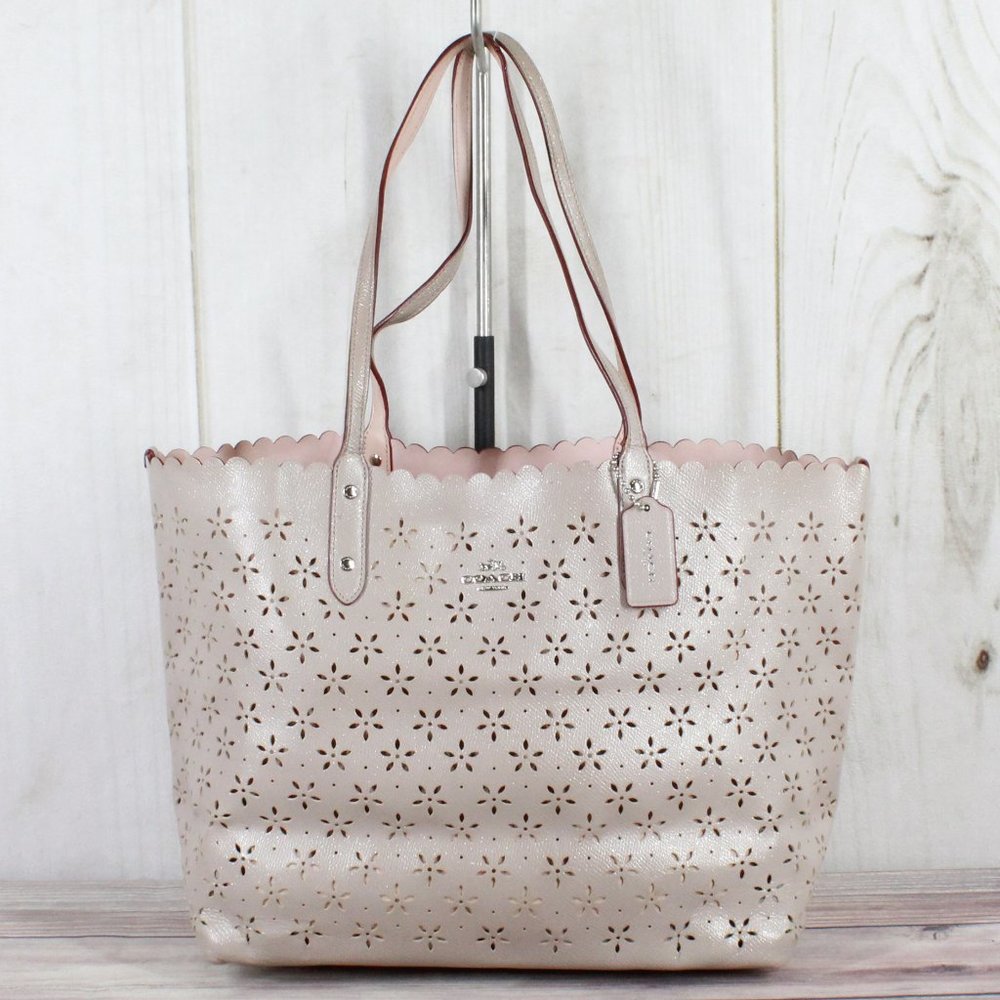 COACH Purple Floral Cutout Leather Tote Handbag - Picture 1 of 11